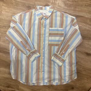 BDG Men's Striped Button Down Shirt - Blue, Brown, White
